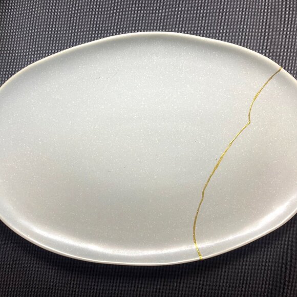 KINTSUGI WABI SABI OAKE GRAY CERAMIC SERVING PLATTER GOLD 15.24"x10.12 HAND MADE - Picture 8 of 8